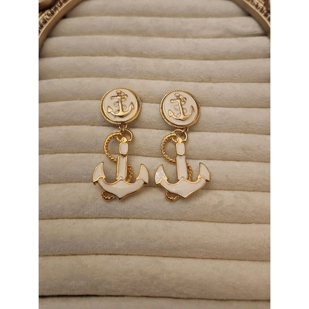Park Lane Nautical Anchor Navy Chief Post Back Dangle Earrings Gold Tone Enamel